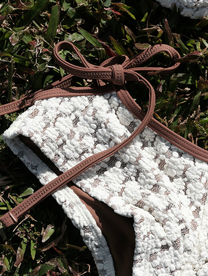 Seamolly Contrast Binding Lace Cutout Tied Side  Boyshorts Bikini Set