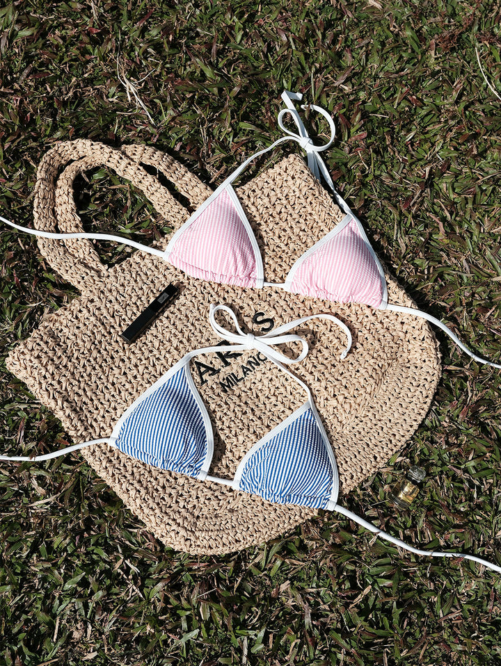 Seamolly Contrast Binding Striped Layered Peplum Halter Triangle Skirtini Bikini Set