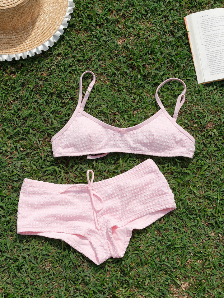 Seamolly Gingham Textured Bowknot Bralette Boyshorts Bikini Set