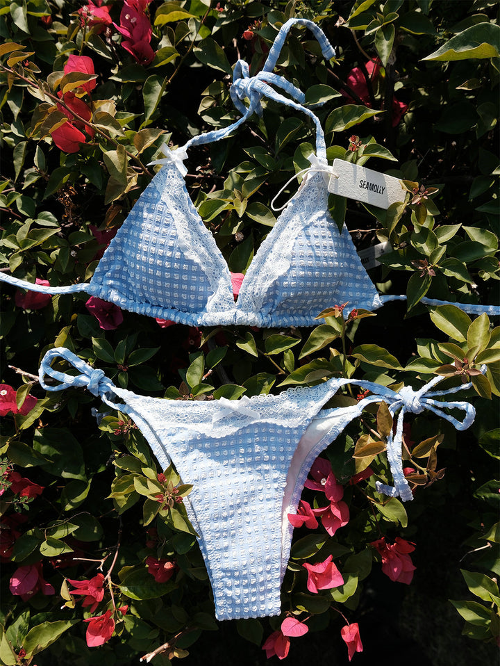 Seamolly Gingham Textured Lace Bowknot Halter Triangle Tie Side Bikini Set