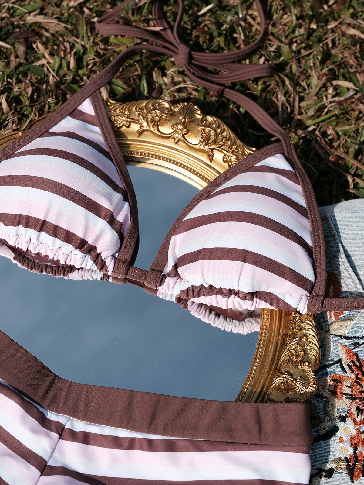 Seamolly Striped Contrast Binding Cheeky Boyshorts Bikini Set