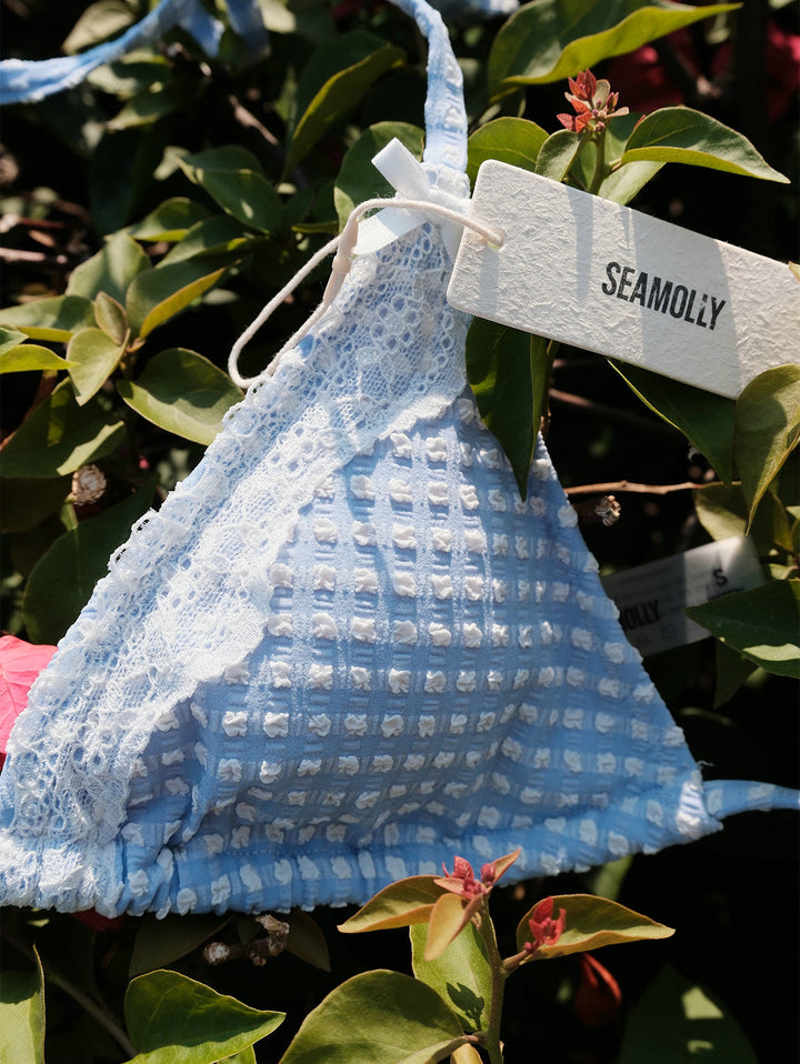 Seamolly Gingham Textured Lace Bowknot Halter Triangle Tie Side Bikini Set