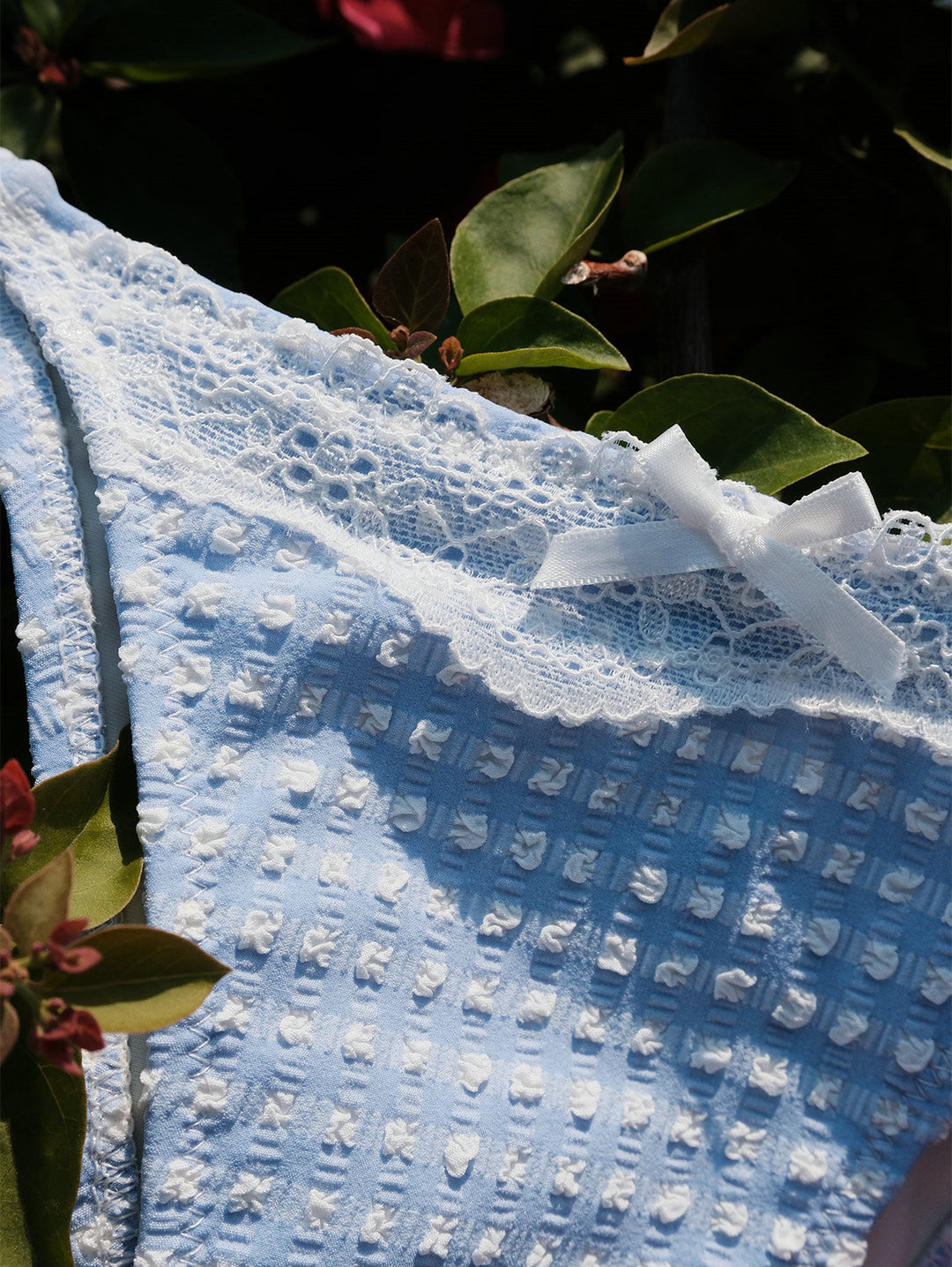 Seamolly Gingham Textured Lace Bowknot Halter Triangle Tie Side Bikini Set