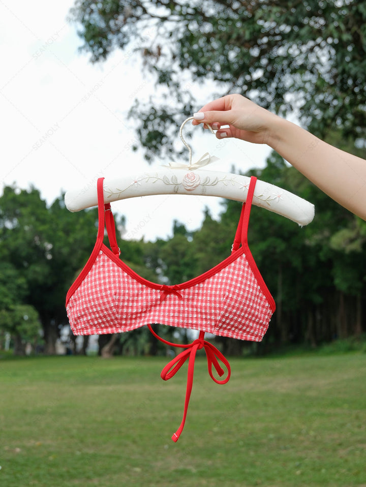 Seamolly 1950s Retro Vintage Inspired Gingham Textured Bowknot Bralette Boyshorts Bikini Set