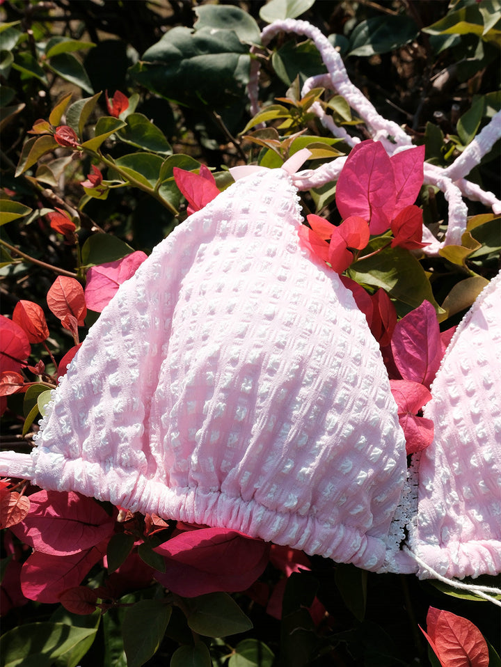 Seamolly Gingham Lace Bowknot Halter Triangle Cheeky Bikini Set