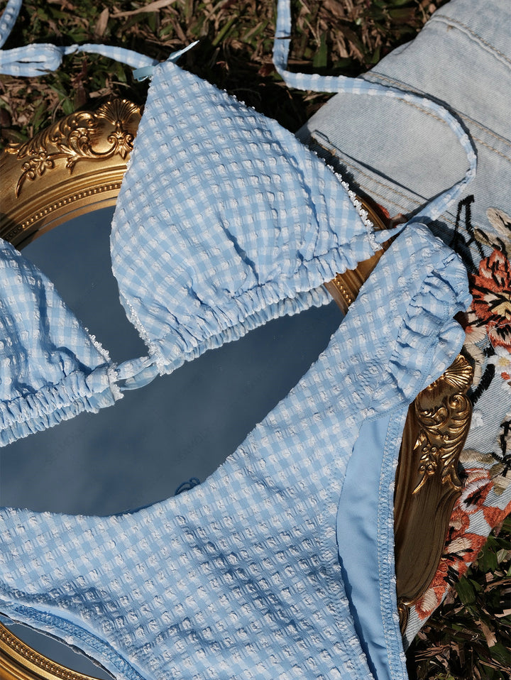 Seamolly Gingham Lace Bowknot Ruffles Trim  Bikini Set