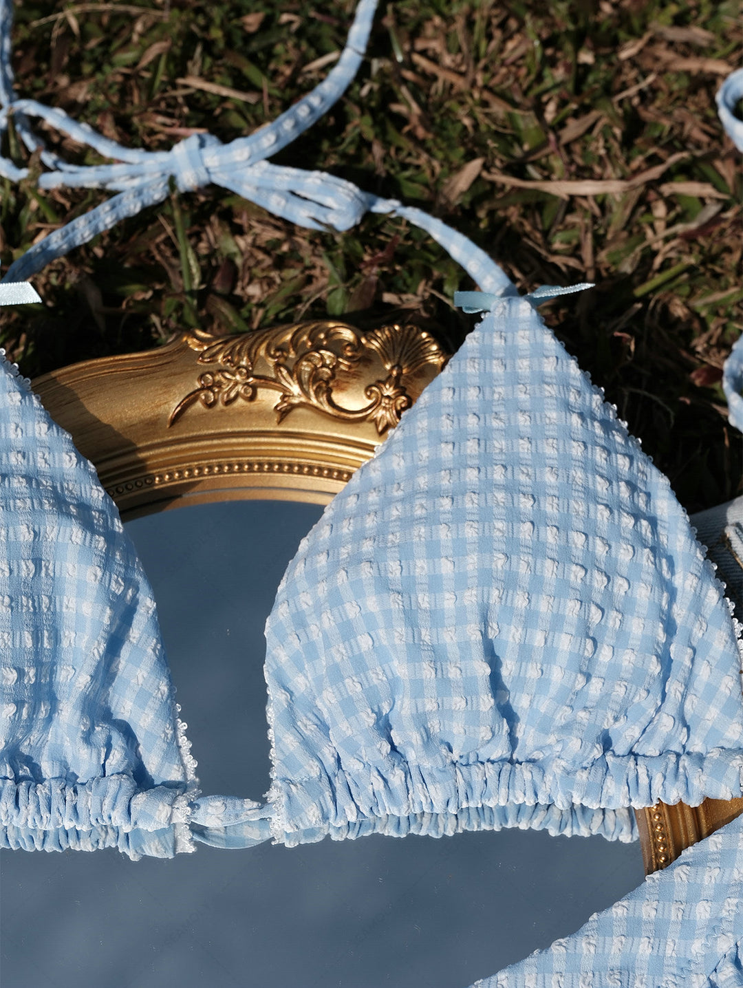 Seamolly Gingham Lace Bowknot Ruffles Trim  Bikini Set