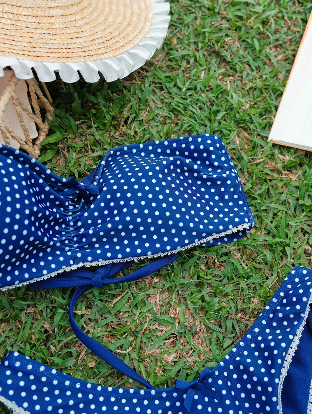 Seamolly Polka Dot Bowknot Ruched Lace Up Back Bandeau Bikini Set