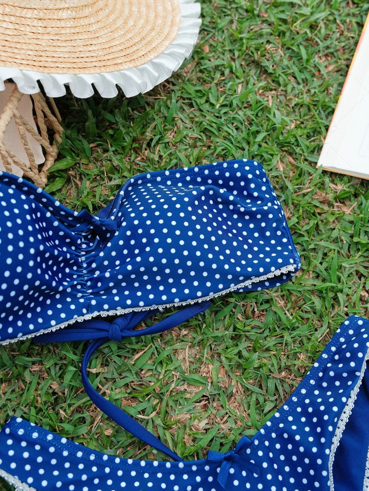 Seamolly Polka Dot Bowknot Ruched Lace Up Back Bandeau Bikini Set