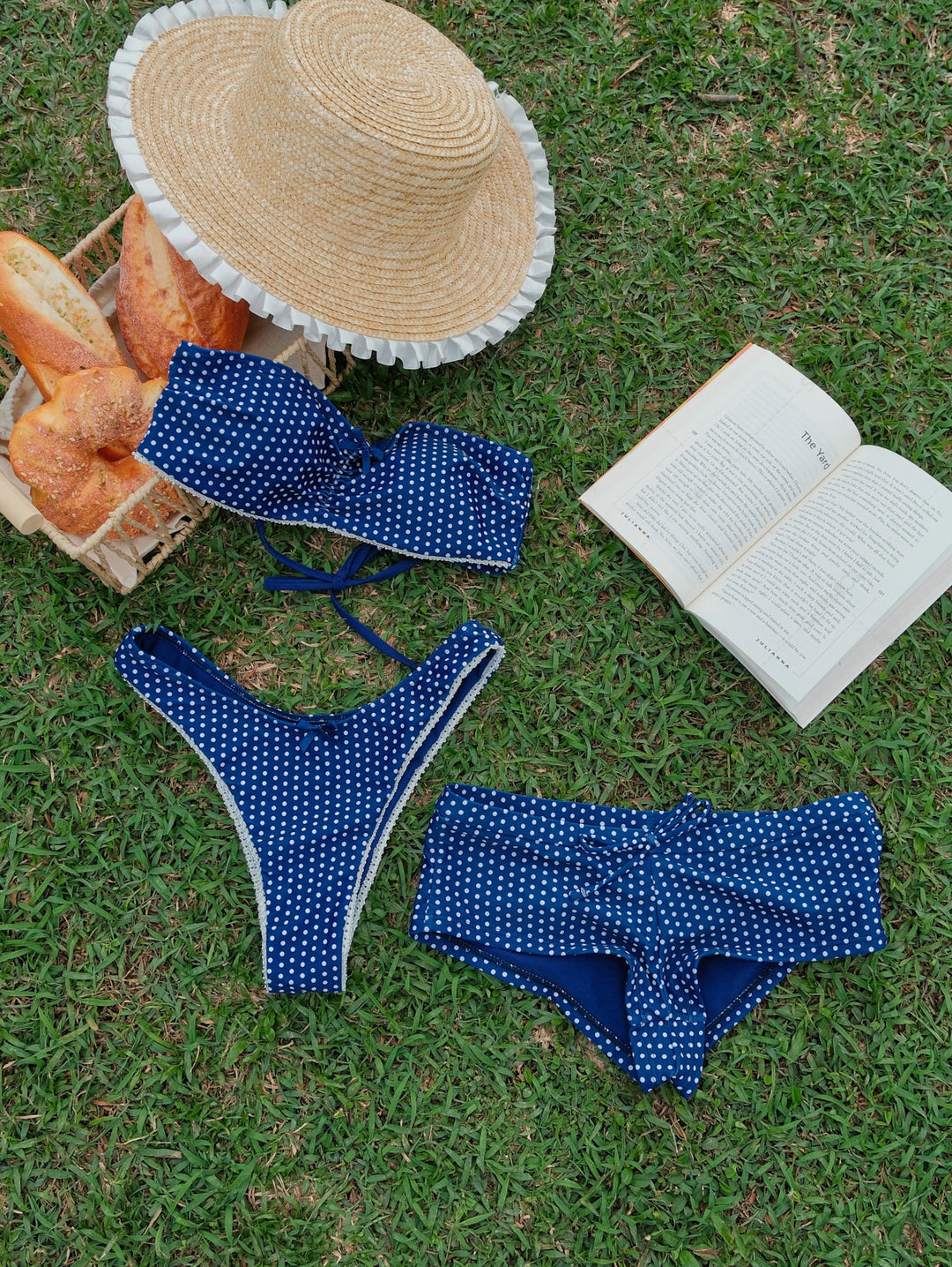Seamolly 3 Piece Polka Dot Bowknot Ruched Bandeau Cheeky Boyshort Bikini Set
