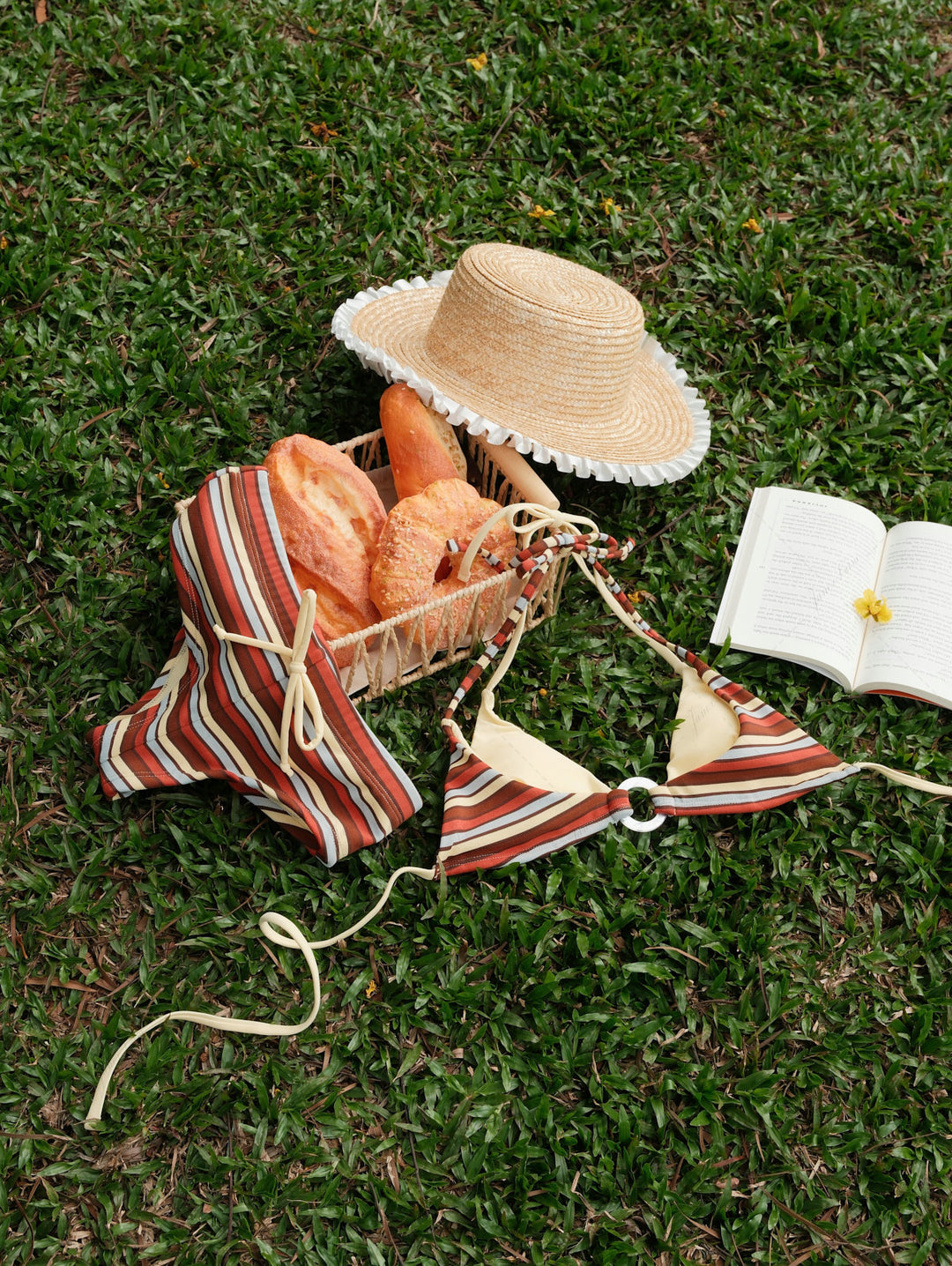 Yellow Ribbed Knit Striped O Ring Double Layer Top & Cheeky Boyshorts Bikini Set