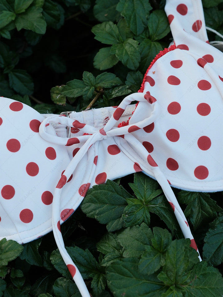 Seamolly Polka Dot Contrast Lace Trim Bowknot Decor Underwire Bikini Set