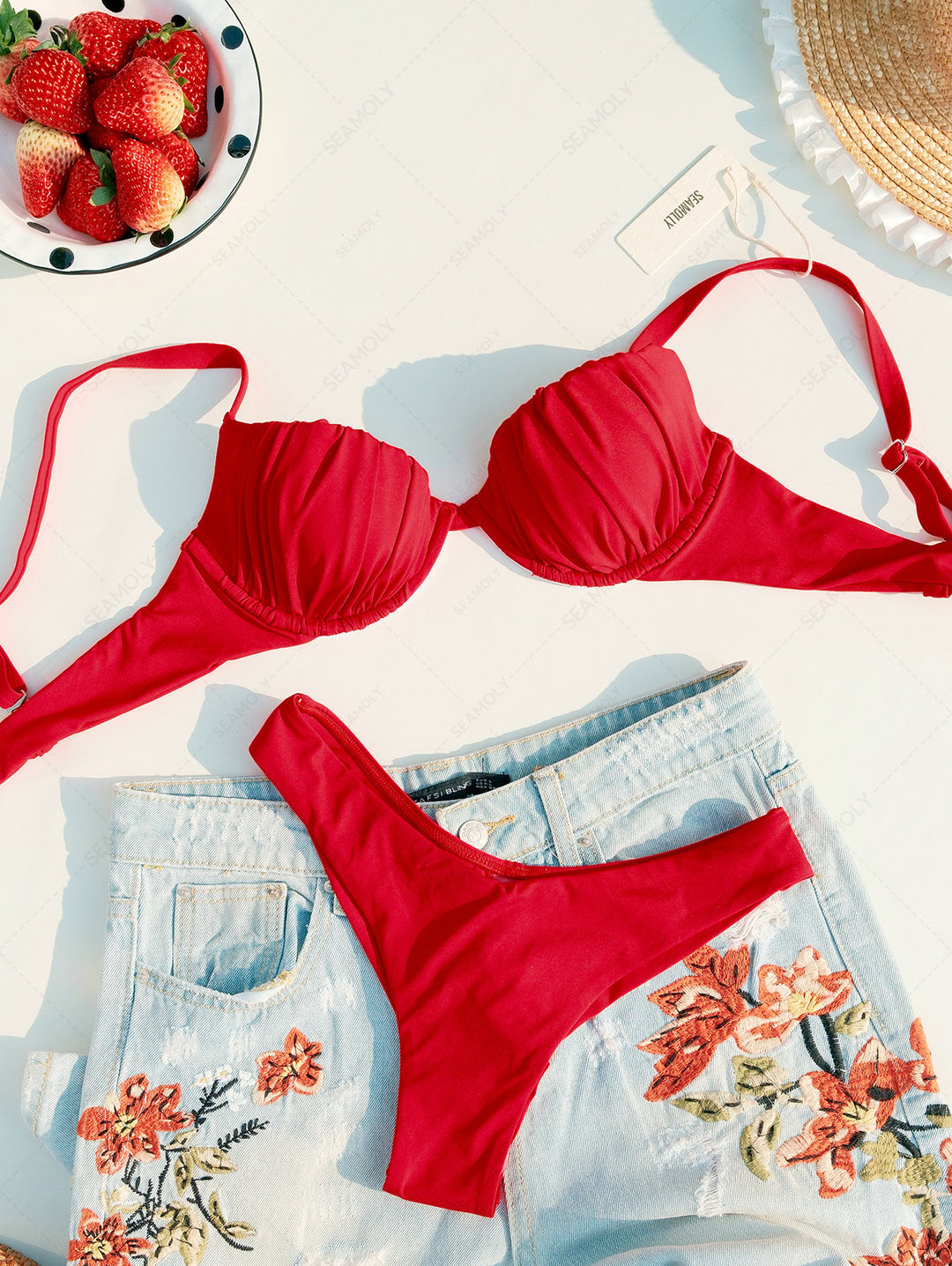 Seamolly Sexy Solid Color Ruched Underwire Push Up Bikini Set