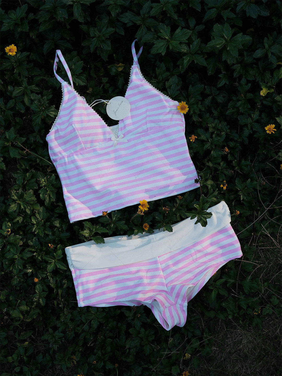 Light Pink Striped Lace Bowknot Plunging Neck Tankini Top