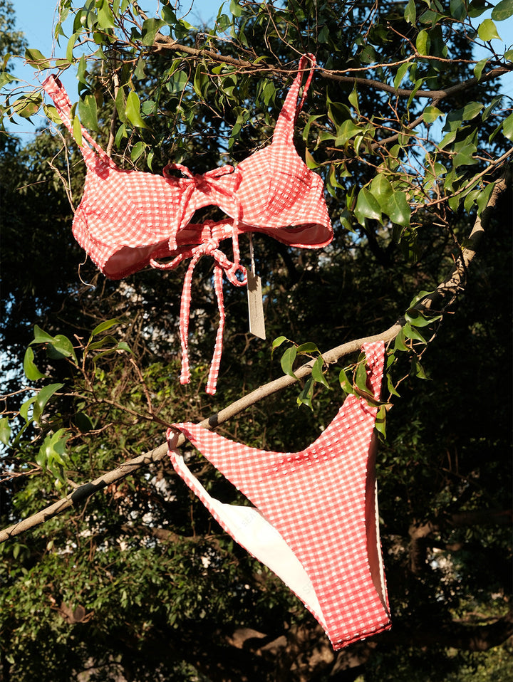 Seamolly Gingham Textured Bowknot Cinched Underwire Bikini Set