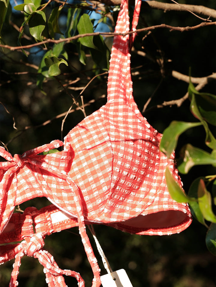 Seamolly Gingham Textured Bowknot Cinched Underwire Bikini Set