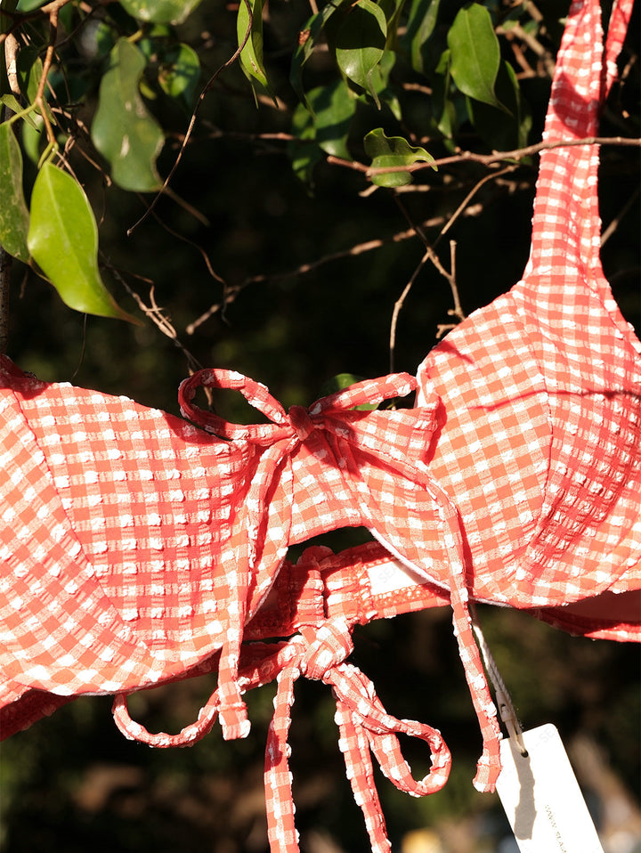 Seamolly Gingham Textured Bowknot Cinched Underwire Bikini Set
