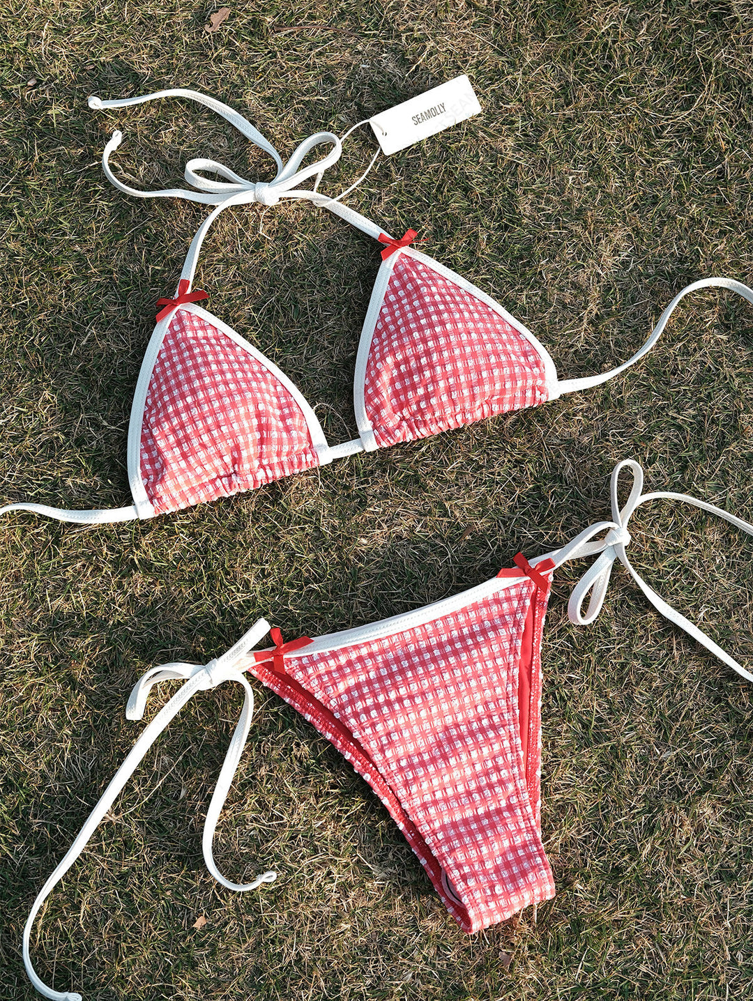 Seamolly Retro Vintage Inspired Gingham Textured Bowknot Halter Triangle Tie Side Bikini Set