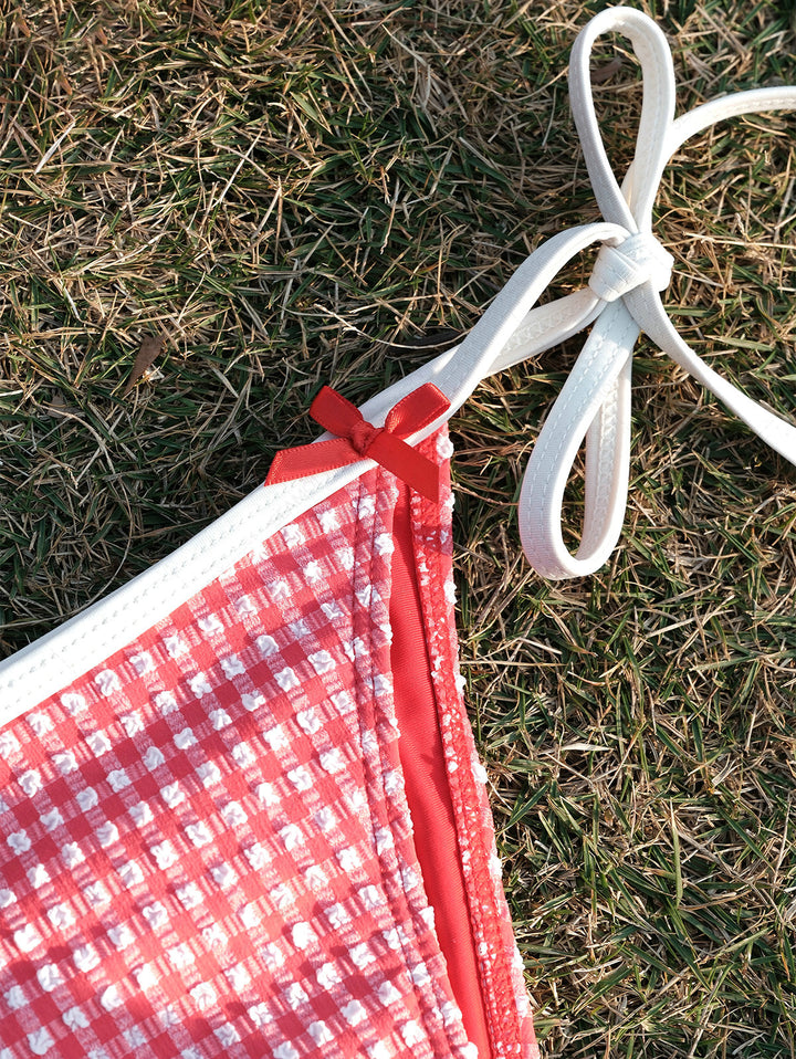 Seamolly Retro Vintage Inspired Gingham Textured Bowknot Halter Triangle Tie Side Bikini Set