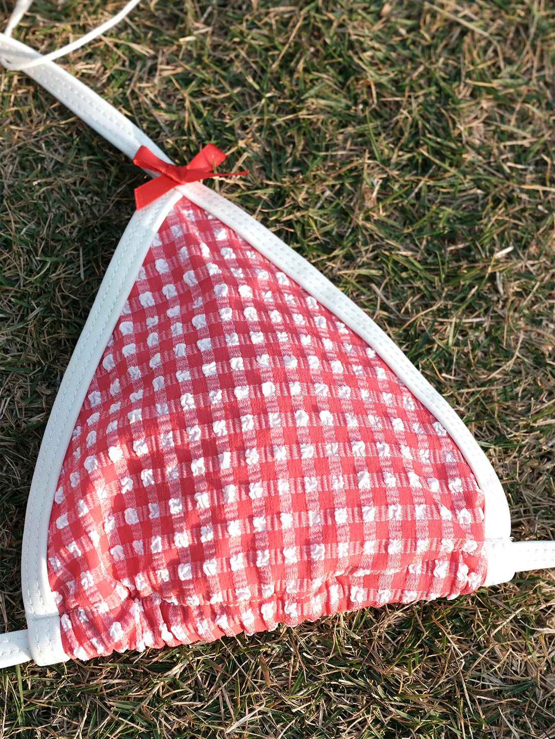 Seamolly Retro Vintage Inspired Gingham Textured Bowknot Halter Triangle Tie Side Bikini Set