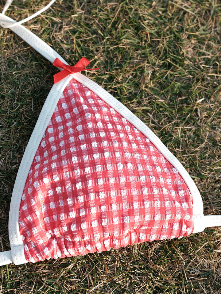 Seamolly Retro Vintage Inspired Gingham Textured Bowknot Halter Triangle Tie Side Bikini Set