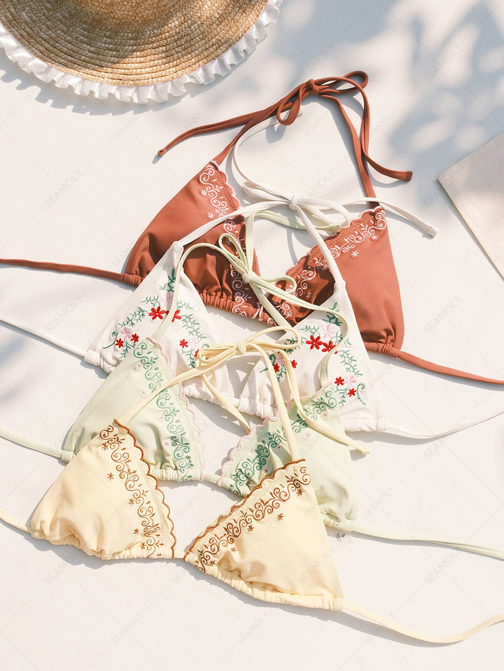 Seamolly Embroidered Scalloped Edge Halter Triangle Bikini Set