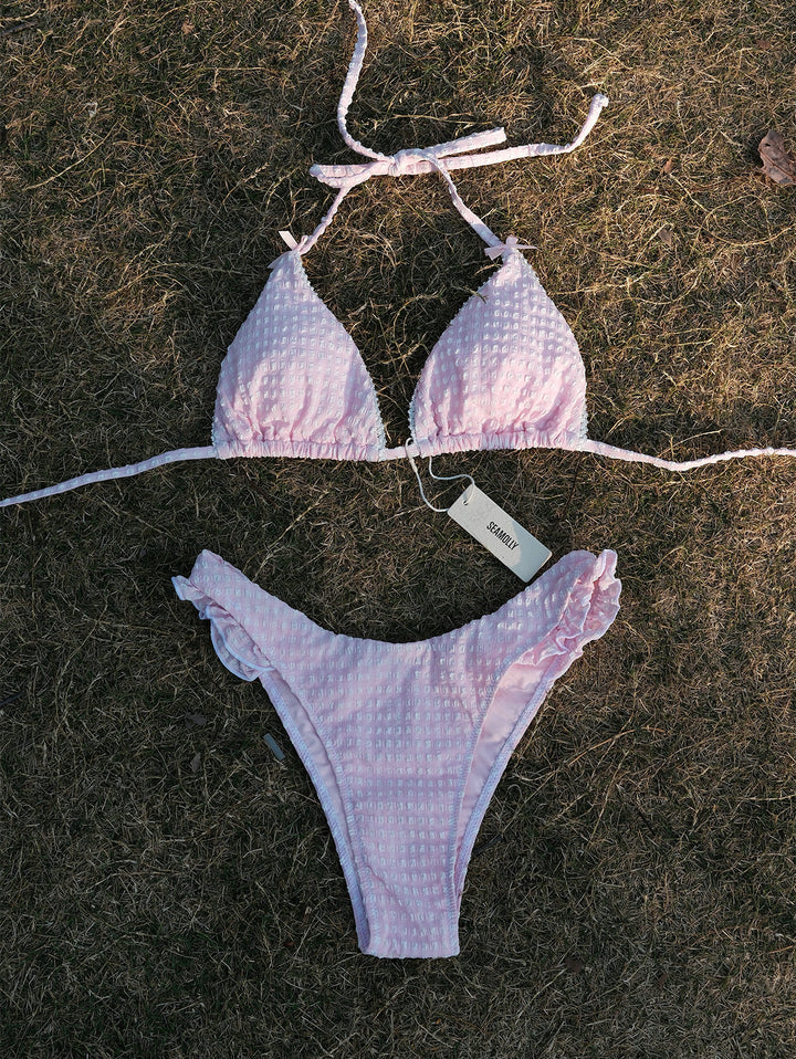 Seamolly Gingham Lace Bowknot Halter Triangle Cheeky Bikini Set