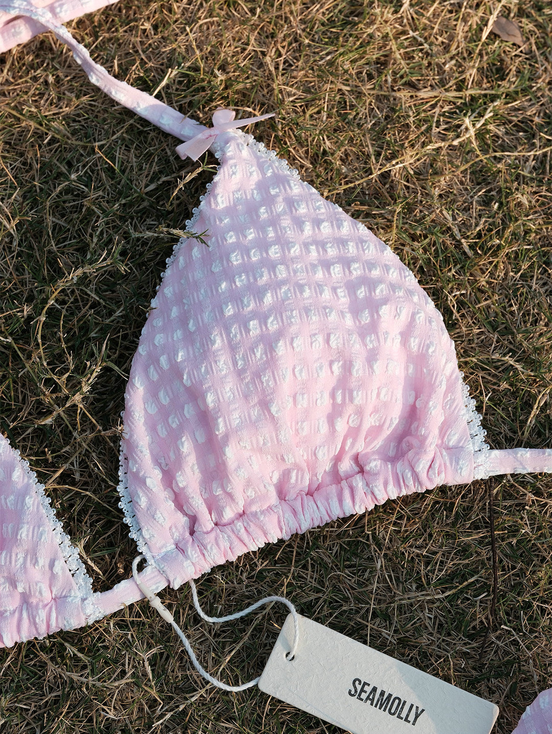 Seamolly Gingham Lace Bowknot Halter Triangle Cheeky Bikini Set