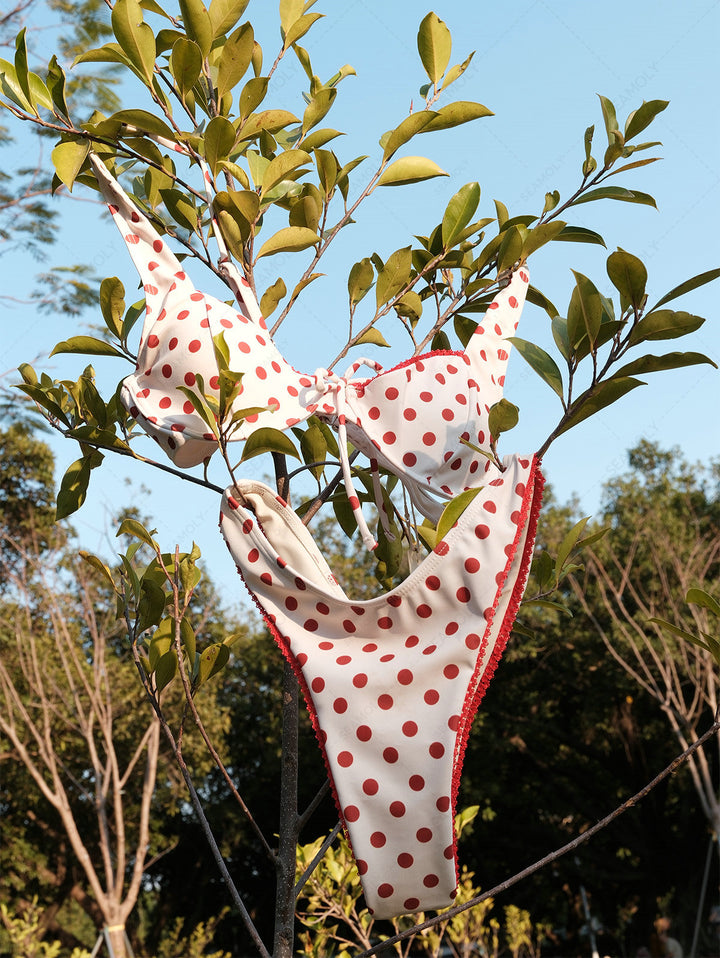 Seamolly Polka Dot Contrast Lace Trim Bowknot Decor Underwire Bikini Set
