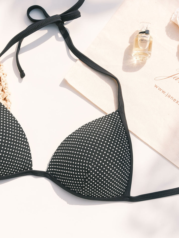 Black Pin Dot Jacquard Fabric Triangle Push Up Top & Cheeky Boyshort Bikini Set
