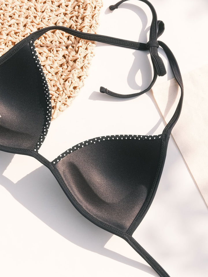 Black Pin Dot Jacquard Fabric Triangle Push Up Top & Cheeky Boyshort Bikini Set