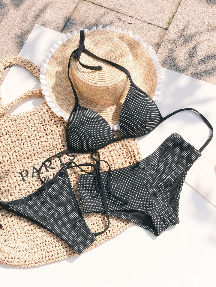 Black Pin Dot Jacquard Fabric Triangle Push Up Top & Cheeky Boyshort Bikini Set