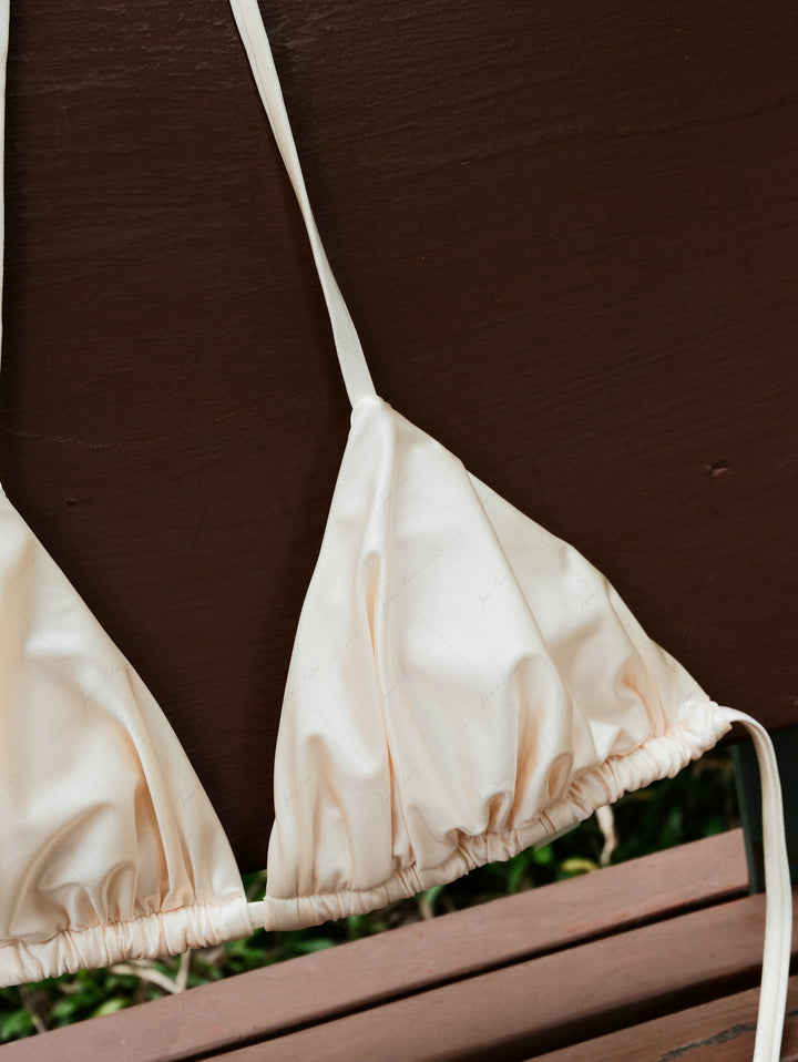 Champagne Satin Solid Color Ruched Triangle Top & Cheeky Brazilian Bottom Bikini Set
