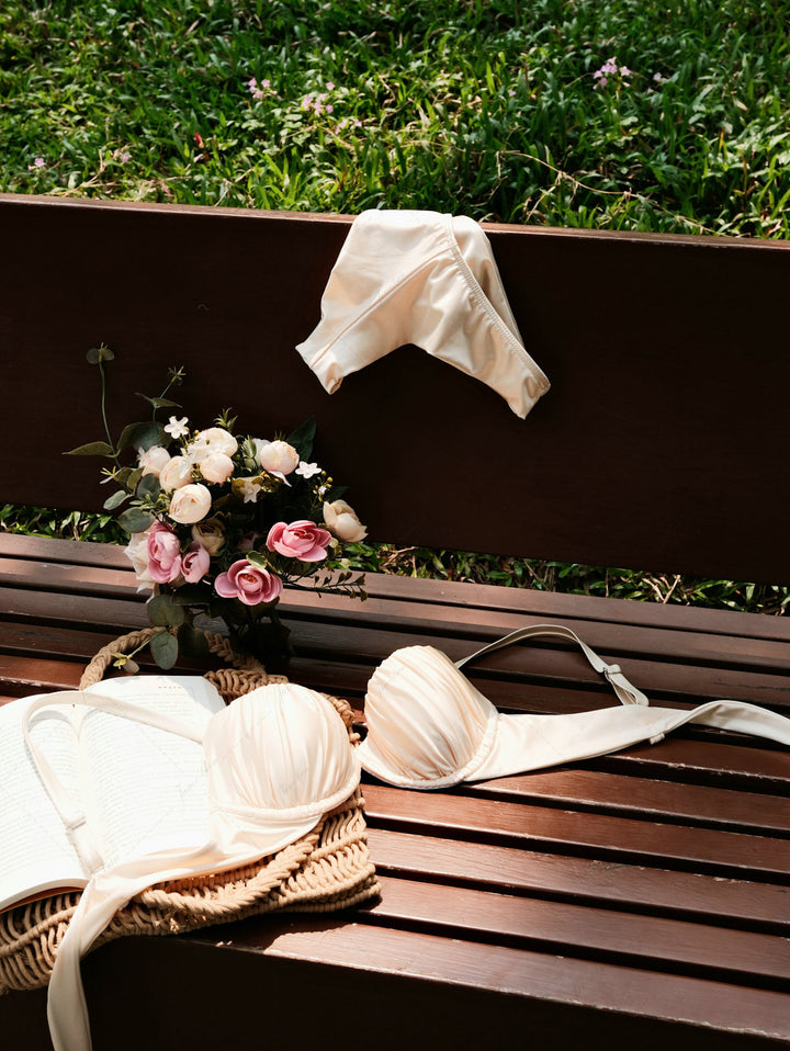 Champagne Satin Ruched Underwire Push Up Top & Cheeky Brazilian Bottom Bikini Set