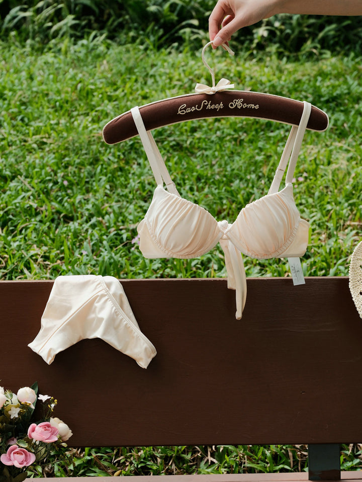 Champagne Satin Ruched Underwire Push Up Top & Cheeky Brazilian Bottom Bikini Set