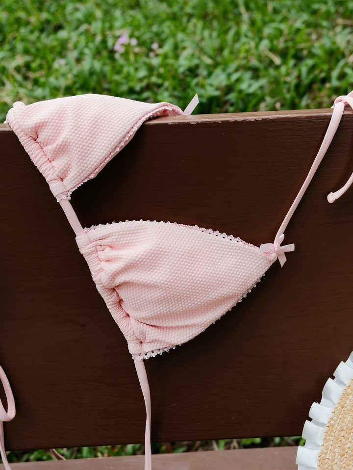 Pink Textured Knit Fabric Lace Bowknot Halter Triangle Bikini Top