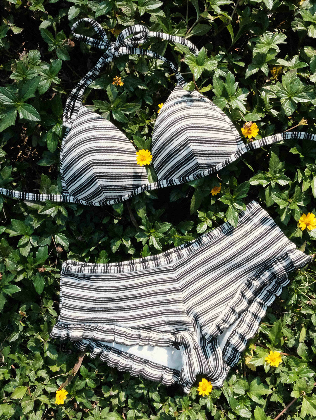 Black Knit Striped Ribbed Peplum  Bikini Bottom Cheeky Swim Boyshorts