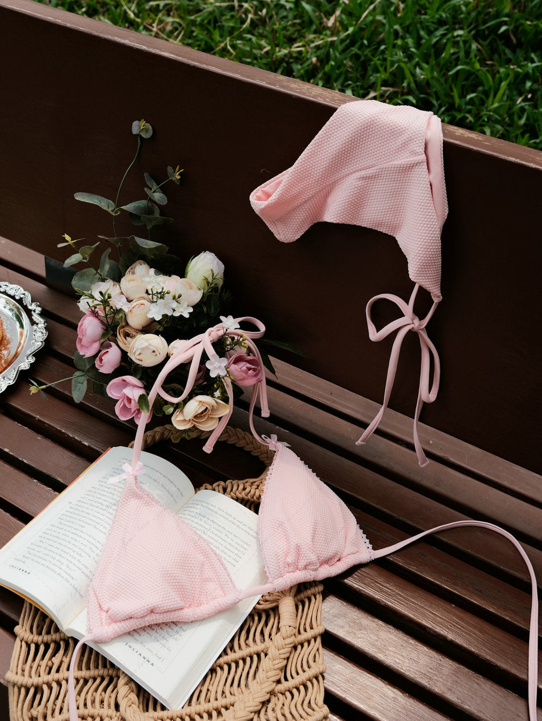 Pink Textured Knit Fabric Halter Triangle Top & Cheeky Brazilian Bottom Bikini Set