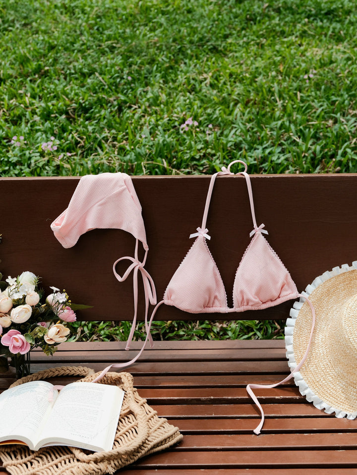 Pink Textured Knit Fabric Halter Triangle Top & Cheeky Brazilian Bottom Bikini Set