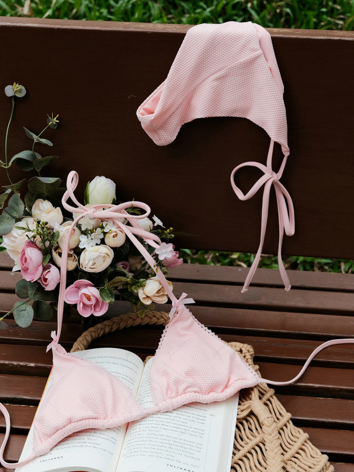 Pink Textured Knit Fabric Lace Bowknot Halter Triangle Bikini Top