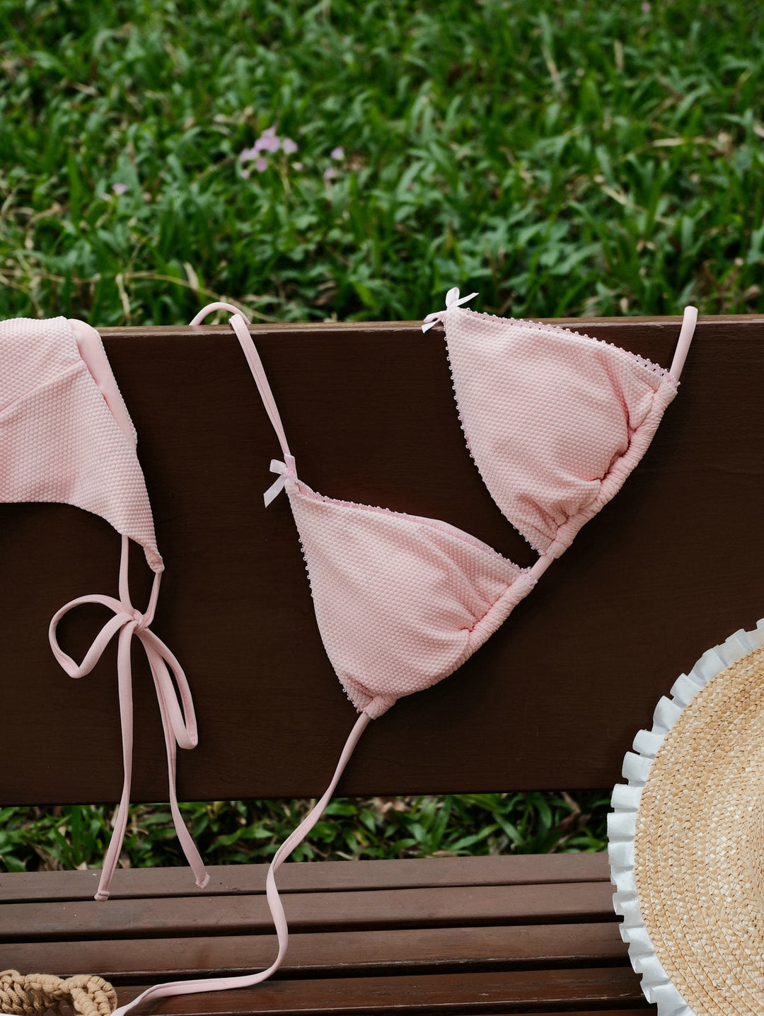 Pink Textured Knit Fabric Halter Triangle Top & Cheeky Brazilian Bottom Bikini Set