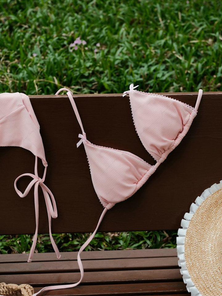Pink Textured Knit Fabric Halter Triangle Top & Cheeky Brazilian Bottom Bikini Set
