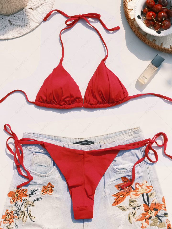 Seamolly Solid Color Ruched Halter Triangle Top & Brazilian Bottom Bikini Set