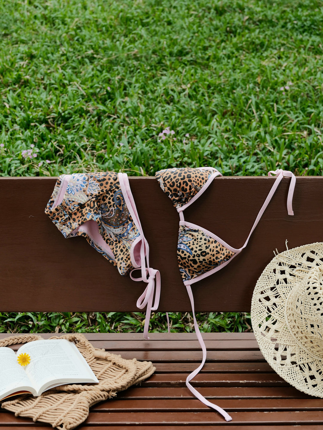 Brown Leopard Paisley Print Contrast Binding Cheeky Boyshorts Bikini Set