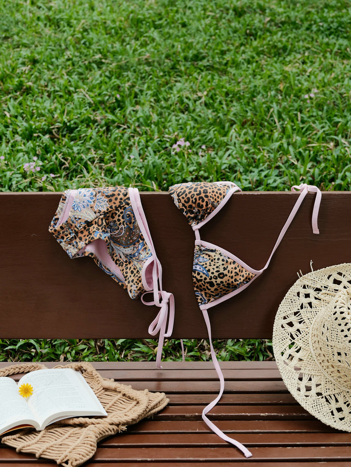 Brown Leopard Paisley Print Contrast Binding Cheeky Boyshorts Bikini Set