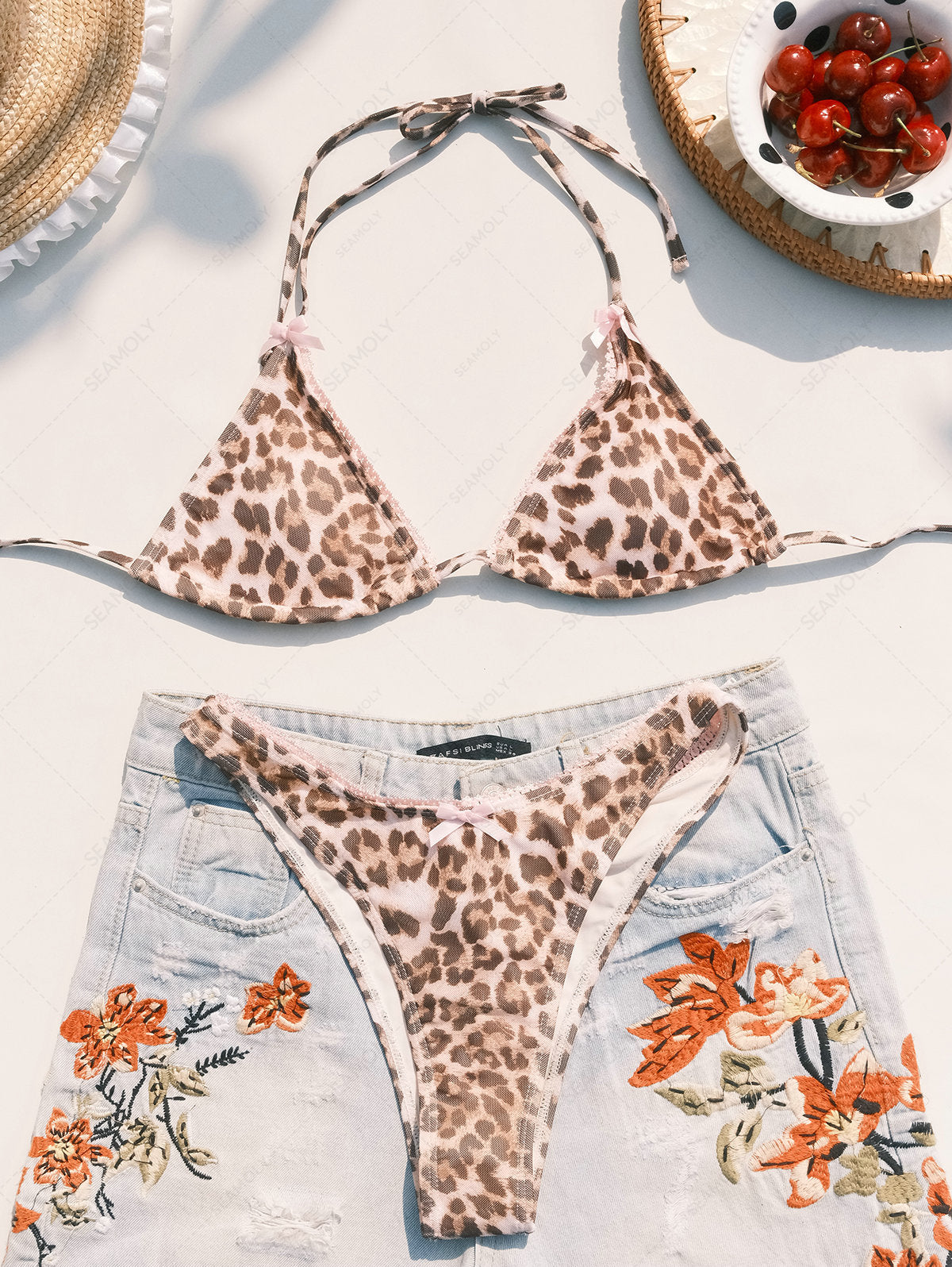 Seamolly ヴィンテージ ヒョウ柄 レーストリム 蝶結び 装飾 ホルター