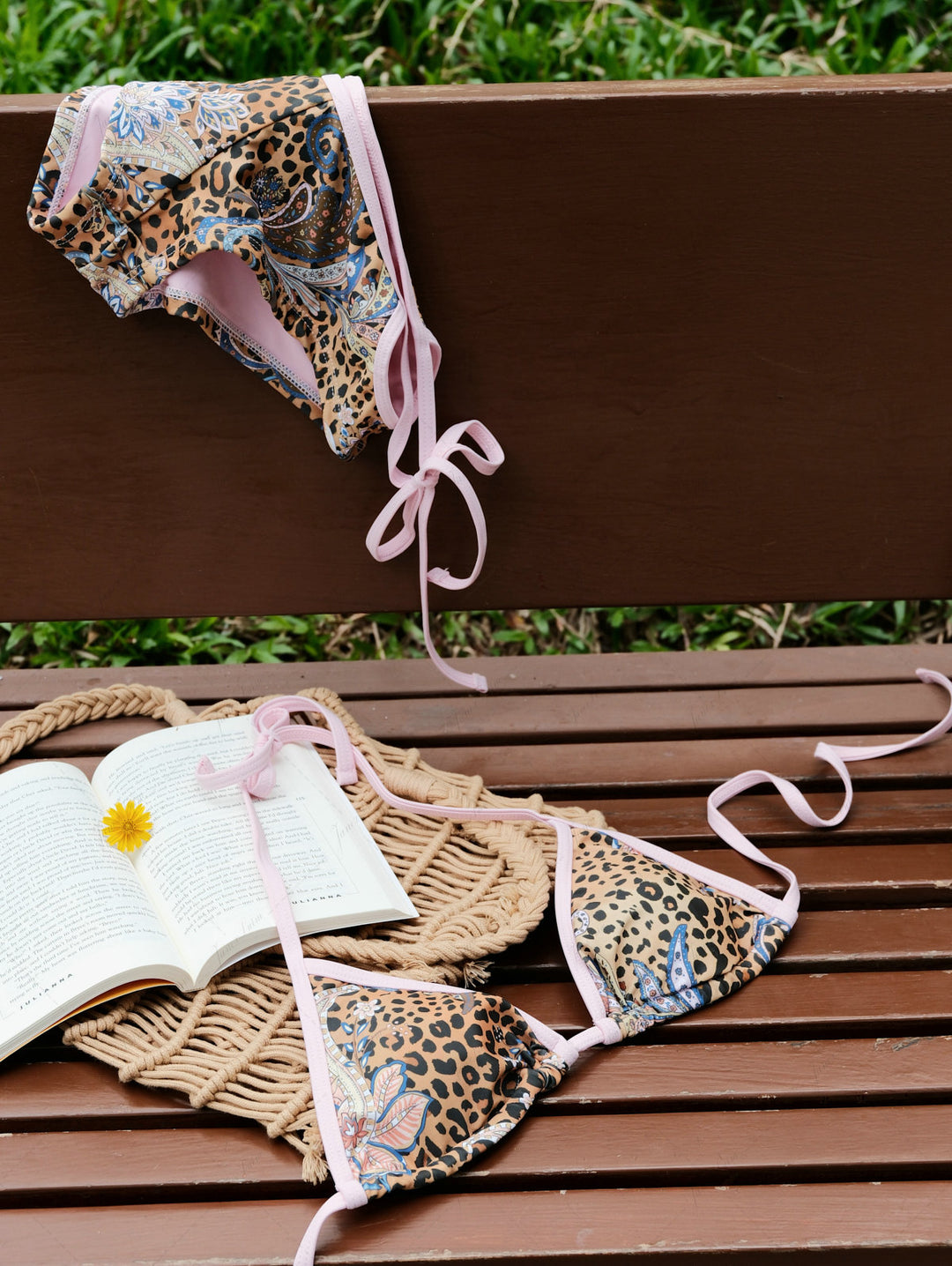Brown Leopard Paisley Print Contrast Binding Cheeky Boyshorts Bikini Set