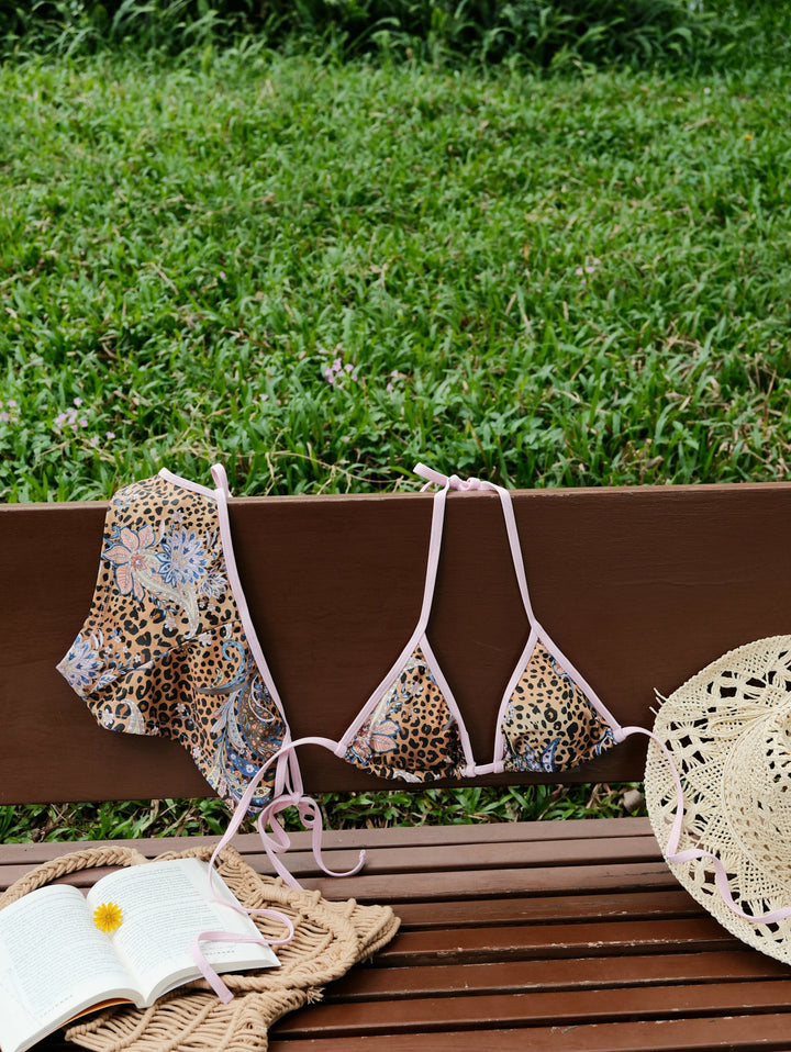 Brown Leopard Paisley Print Contrast Binding Cheeky Boyshorts Bikini Set
