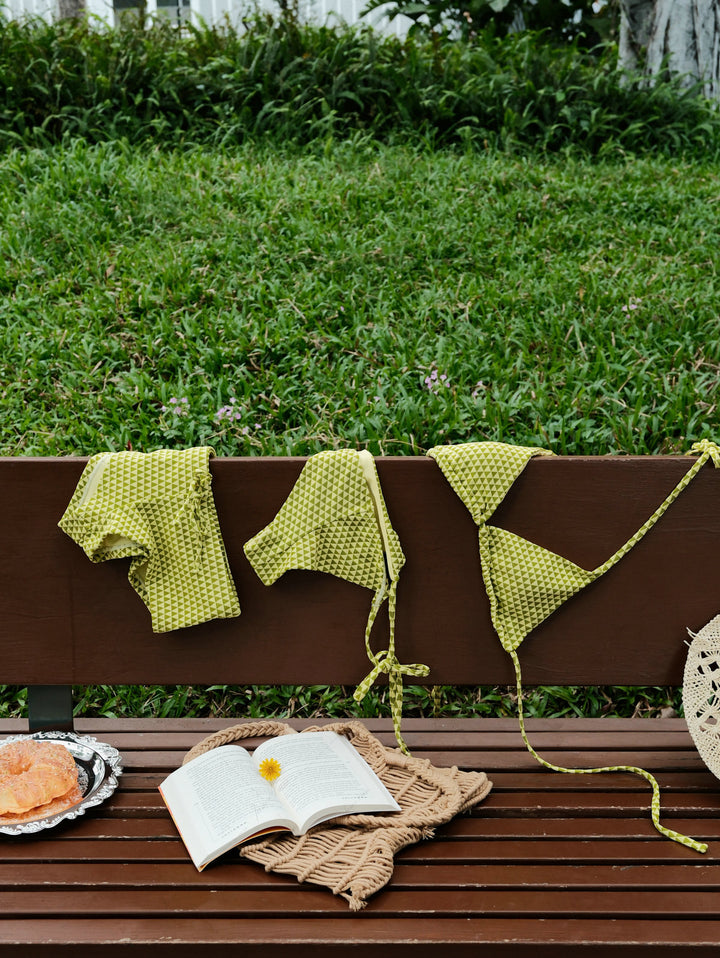 Green Recycled Fabric Triangular Grid Pattern Triangle Top & Cheeky Brazilian Bottom Bikini Set