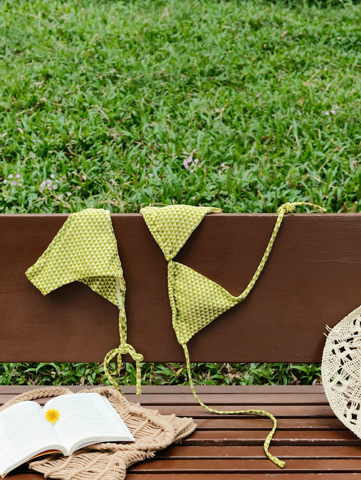 Green Recycled Fabric Triangular Grid Pattern Triangle Top & Cheeky Brazilian Bottom Bikini Set